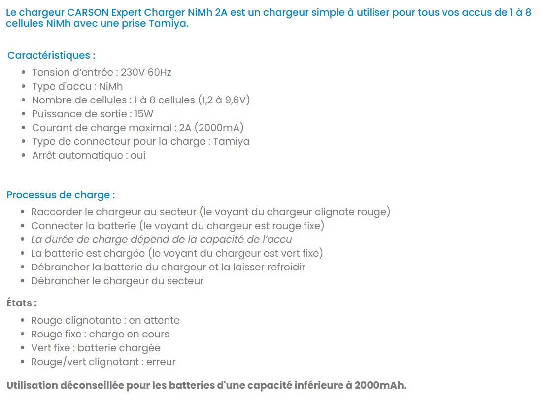 descriptif Chargeur CARSON Expert Charger NiMh 2A